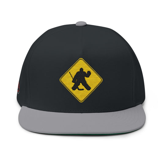 Hockey Goalie Road Sign Flat Bill Cap | Embroidered Snapback